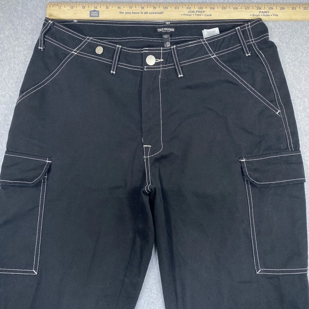 True Religion Cargo Pants Mens 36 Black White Contrast Stitch Horseshoe Logo